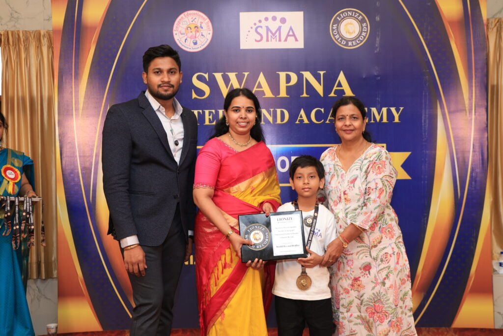 Dhruv Dalmia Lionize World Records certificate for solving 20 abacus sums while blindfolded in 1 minute and 41.55 seconds