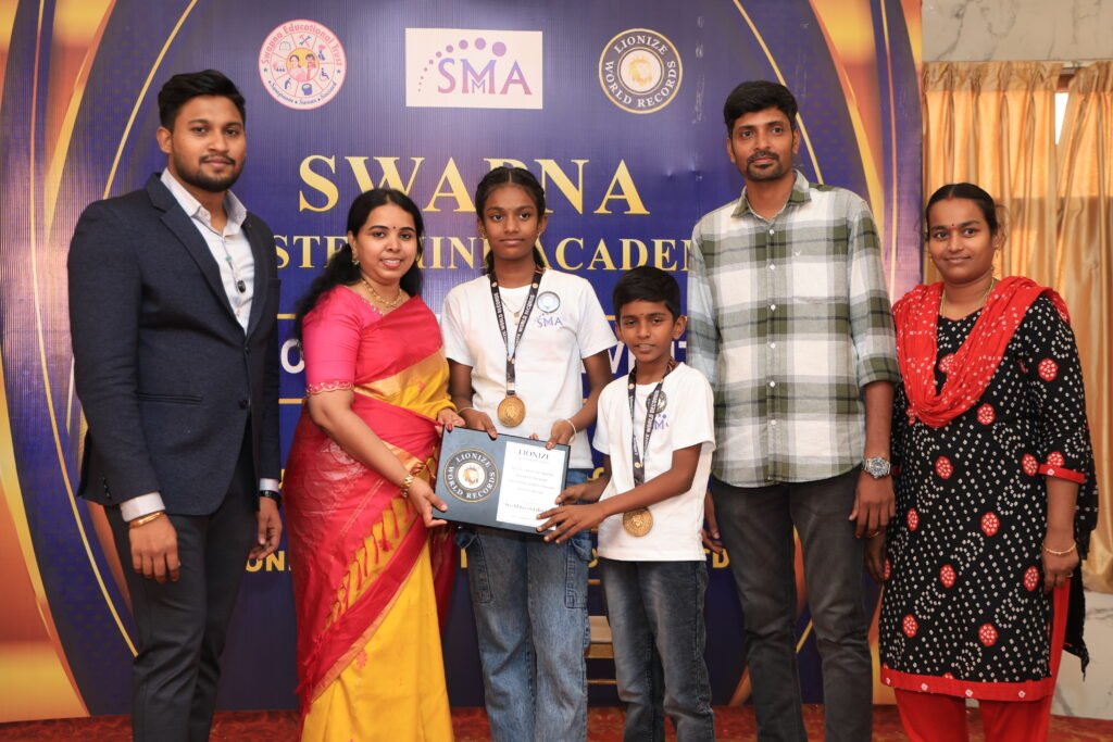 Joshika G. Lionize World Records certificate for writing the numbers 1 to 50 simultaneously with both hands while blindfolded in 1 minute 23.72 seconds