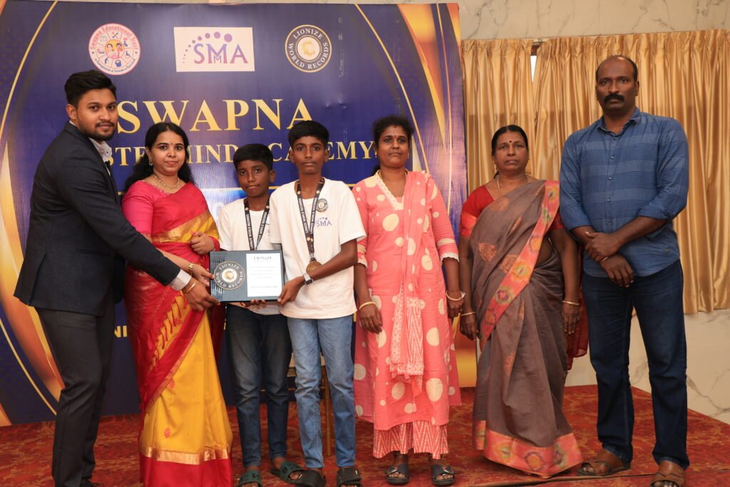 S. Mithran Lionize World Records certificate for identifying 60 multicoloured objects while blindfolded in 36.69 seconds